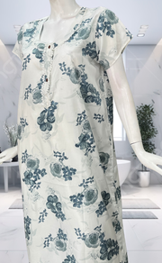 White/Blue Floral Soft Cotton Nighty. Soft Breathable Fabric | Laces and Frills