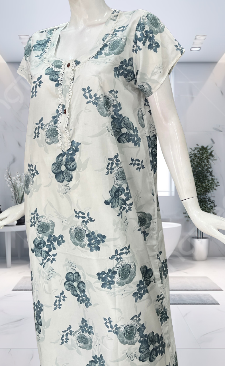 White/Blue Floral Soft Cotton Nighty. Soft Breathable Fabric | Laces and Frills