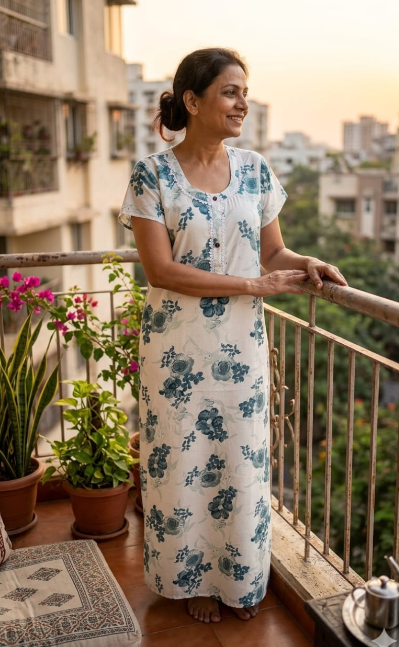 White/Blue Floral Soft Cotton Nighty. Soft Breathable Fabric | Laces and Frills - Laces and Frills
