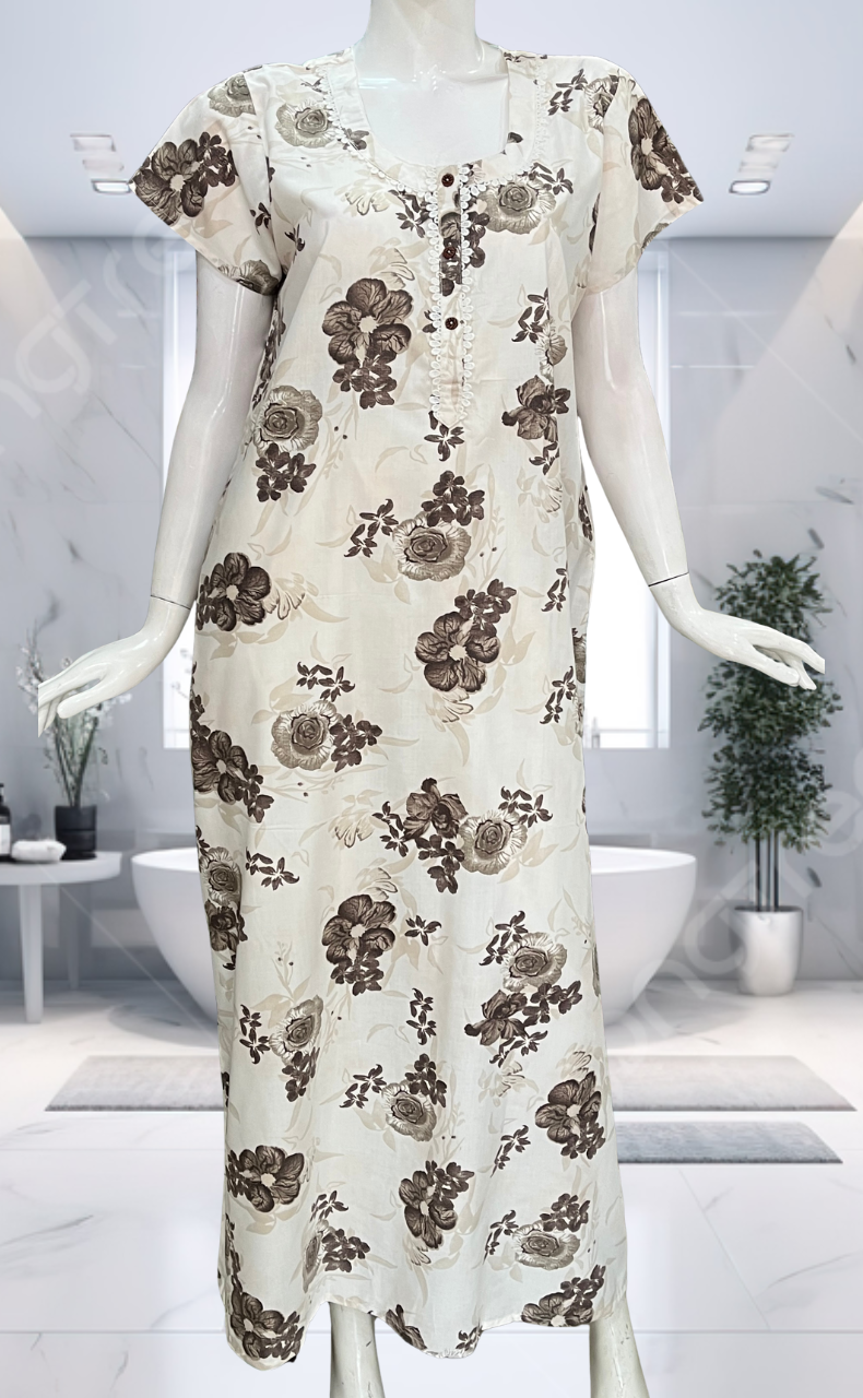 White/Brown Floral Soft Cotton Nighty. Soft Breathable Fabric | Laces and Frills