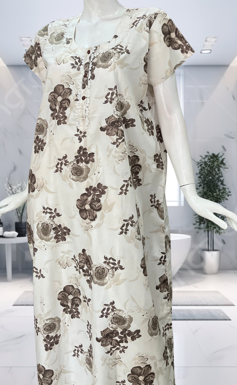 White/Brown Floral Soft Cotton Nighty. Soft Breathable Fabric | Laces and Frills