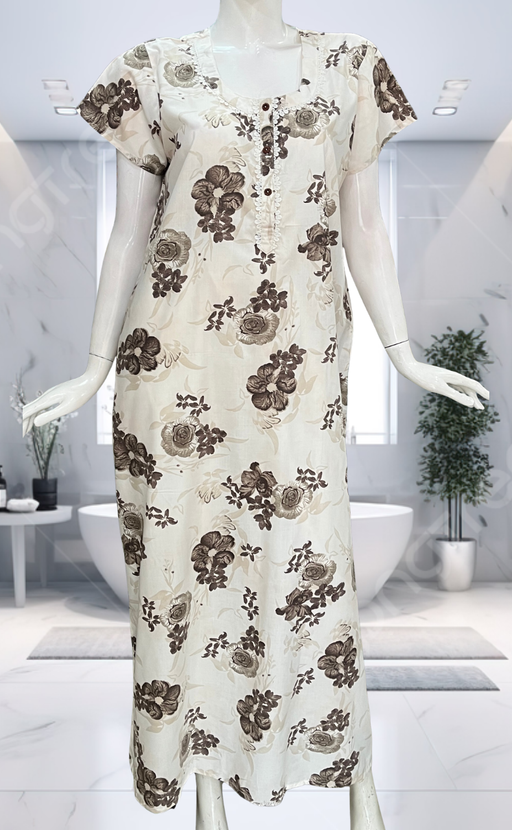 White/Brown Floral Soft Cotton Nighty. Soft Breathable Fabric | Laces and Frills