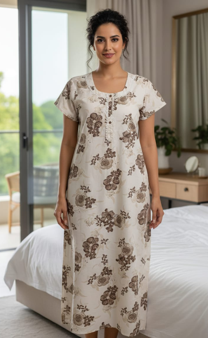 White/Brown Floral Soft Cotton Nighty. Soft Breathable Fabric | Laces and Frills