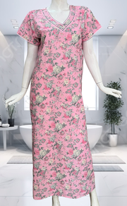 Pink Garden Soft Cotton Nighty. Soft Breathable Fabric | Laces and Frills