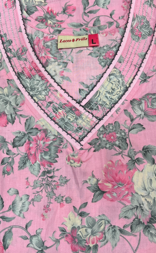Pink Garden Soft Cotton Nighty. Soft Breathable Fabric | Laces and Frills