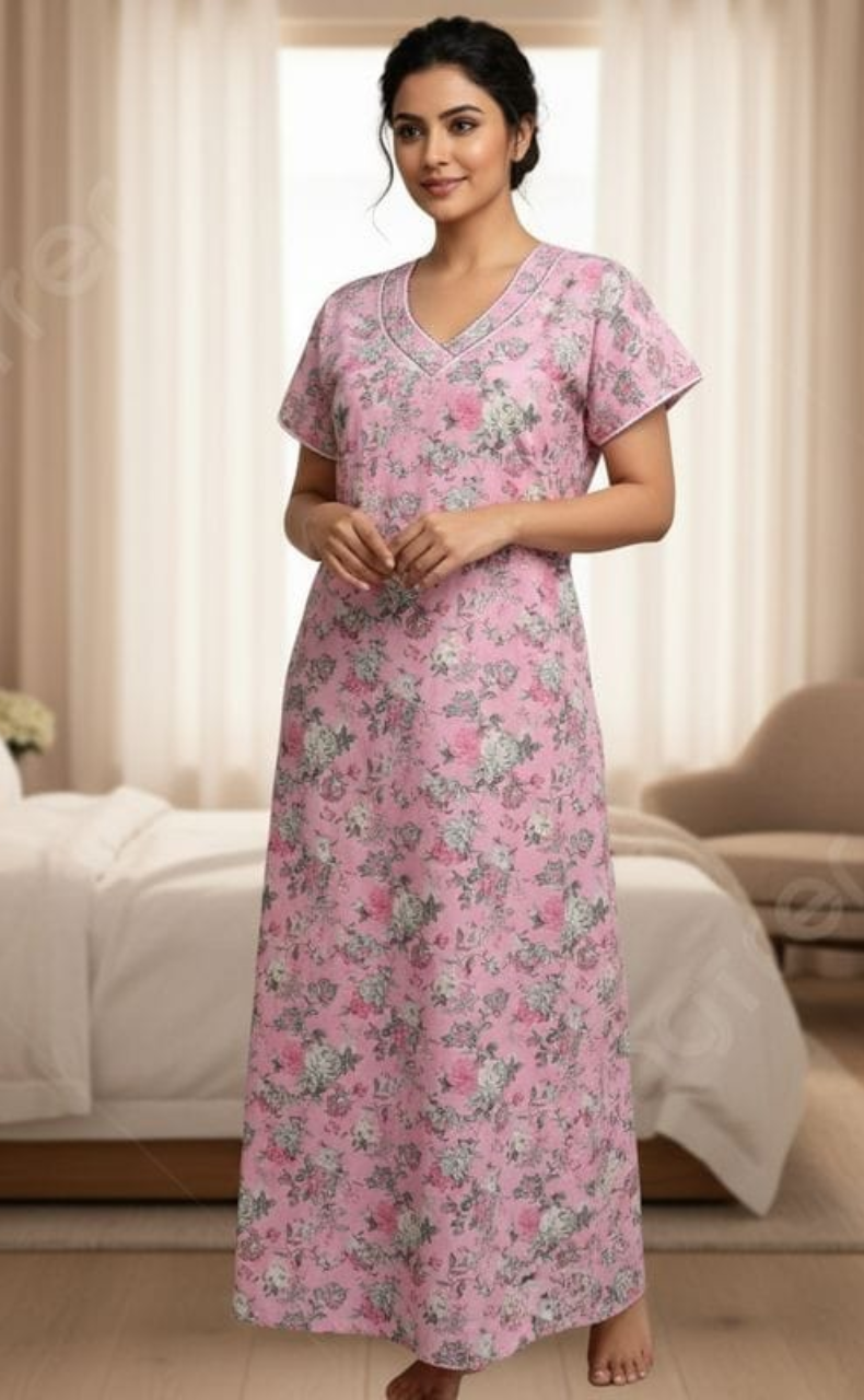 Pink Garden Soft Cotton Nighty. Soft Breathable Fabric | Laces and Frills