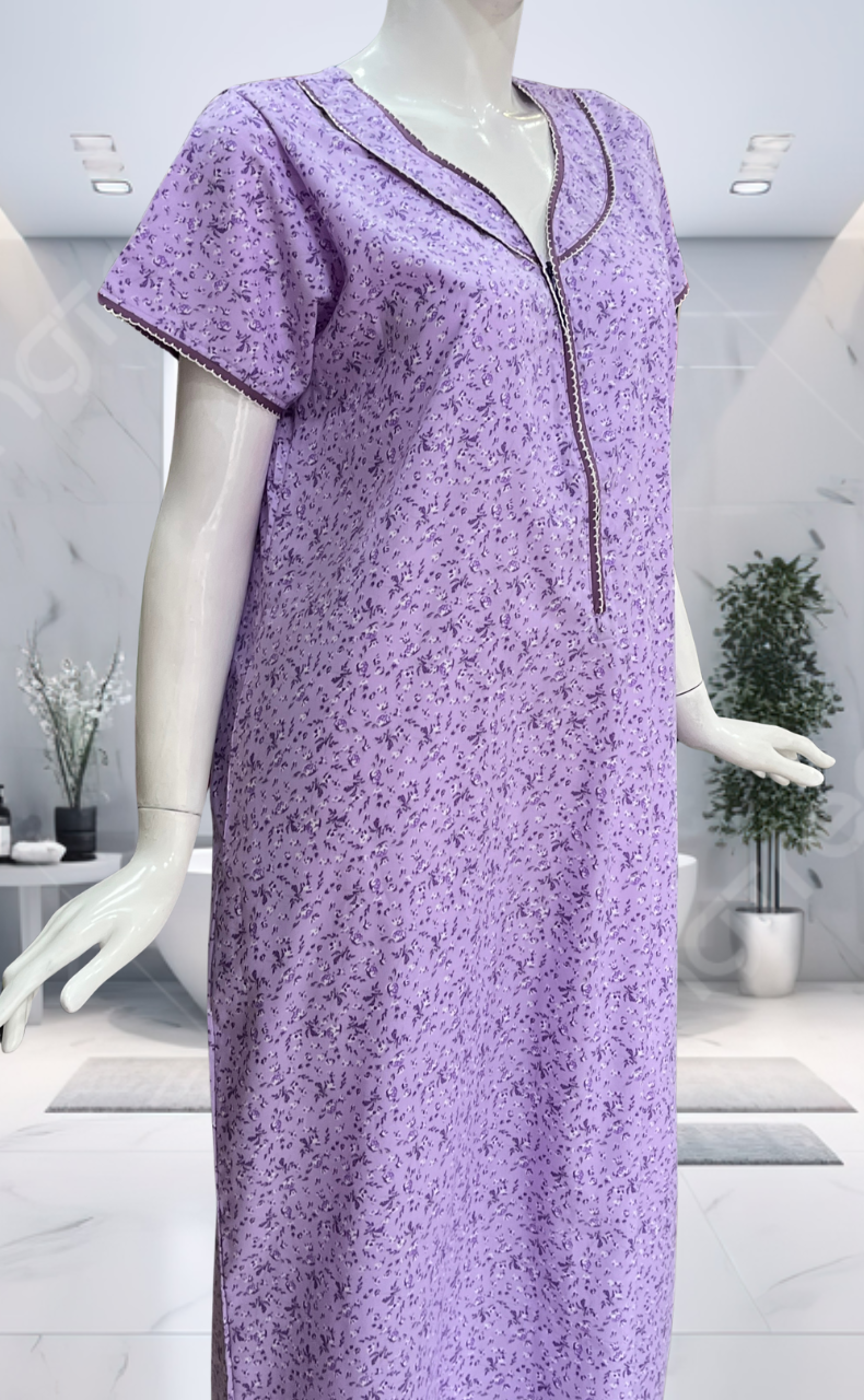 Lavender Tiny Flora Soft Cotton Nighty. Soft Breathable Fabric | Laces and Frills