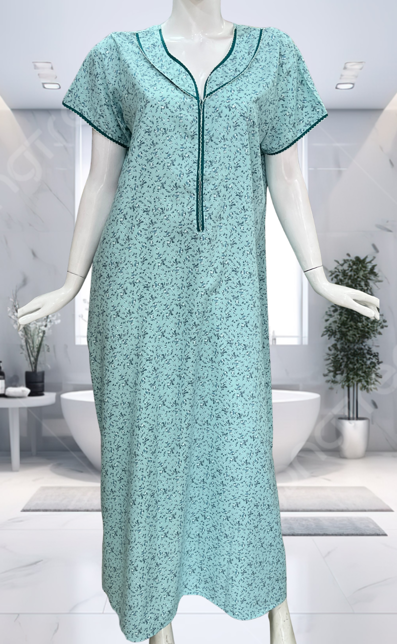 Sea Green Tiny Flora Soft Cotton Nighty. Soft Breathable Fabric | Laces and Frills