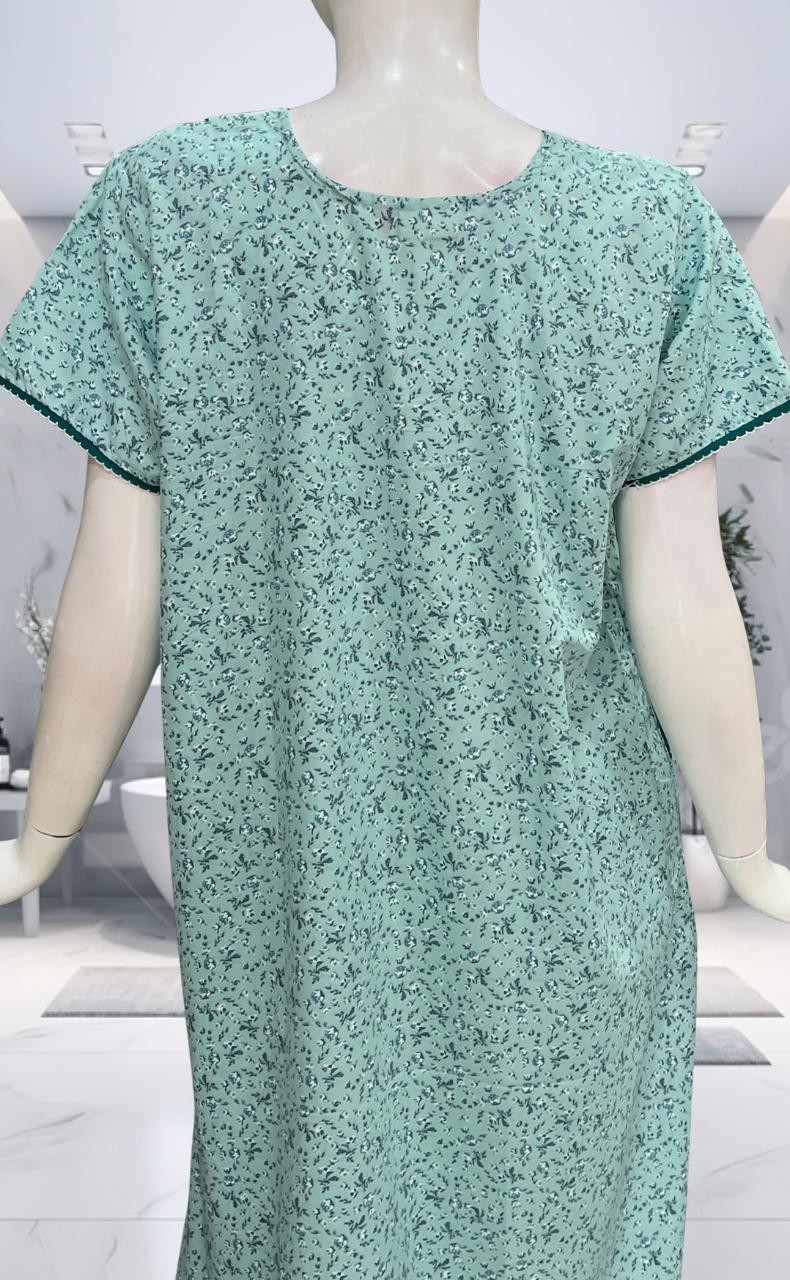 Sea Green Tiny Flora Soft Cotton Nighty. Soft Breathable Fabric | Laces and Frills