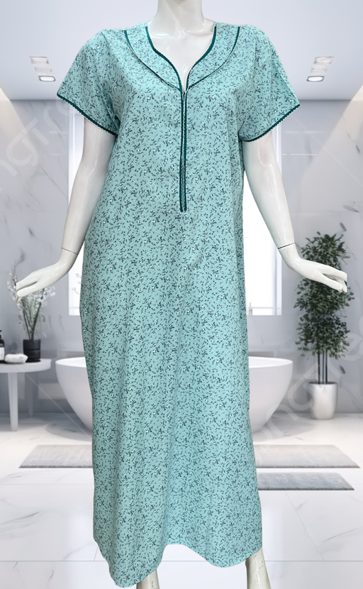 Sea Green Tiny Flora Soft Cotton Nighty. Soft Breathable Fabric | Laces and Frills