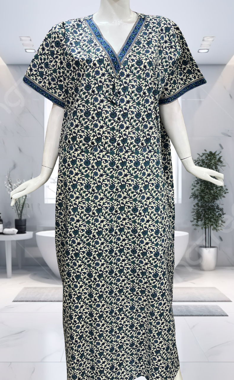 Off White/Blue Garden Pure Cotton Nighty. Pure Durable Cotton | Laces and Frills