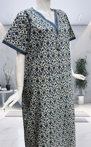 Off White/Blue Garden Pure Cotton Nighty. Pure Durable Cotton | Laces and Frills