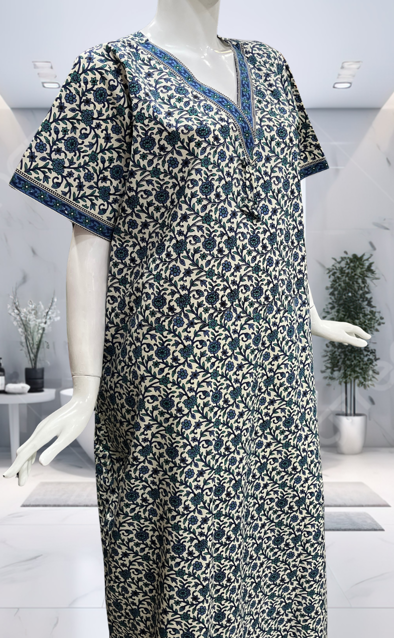 Off White/Blue Garden Pure Cotton Nighty. Pure Durable Cotton | Laces and Frills