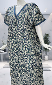 Off White/Blue Garden Pure Cotton Nighty. Pure Durable Cotton | Laces and Frills