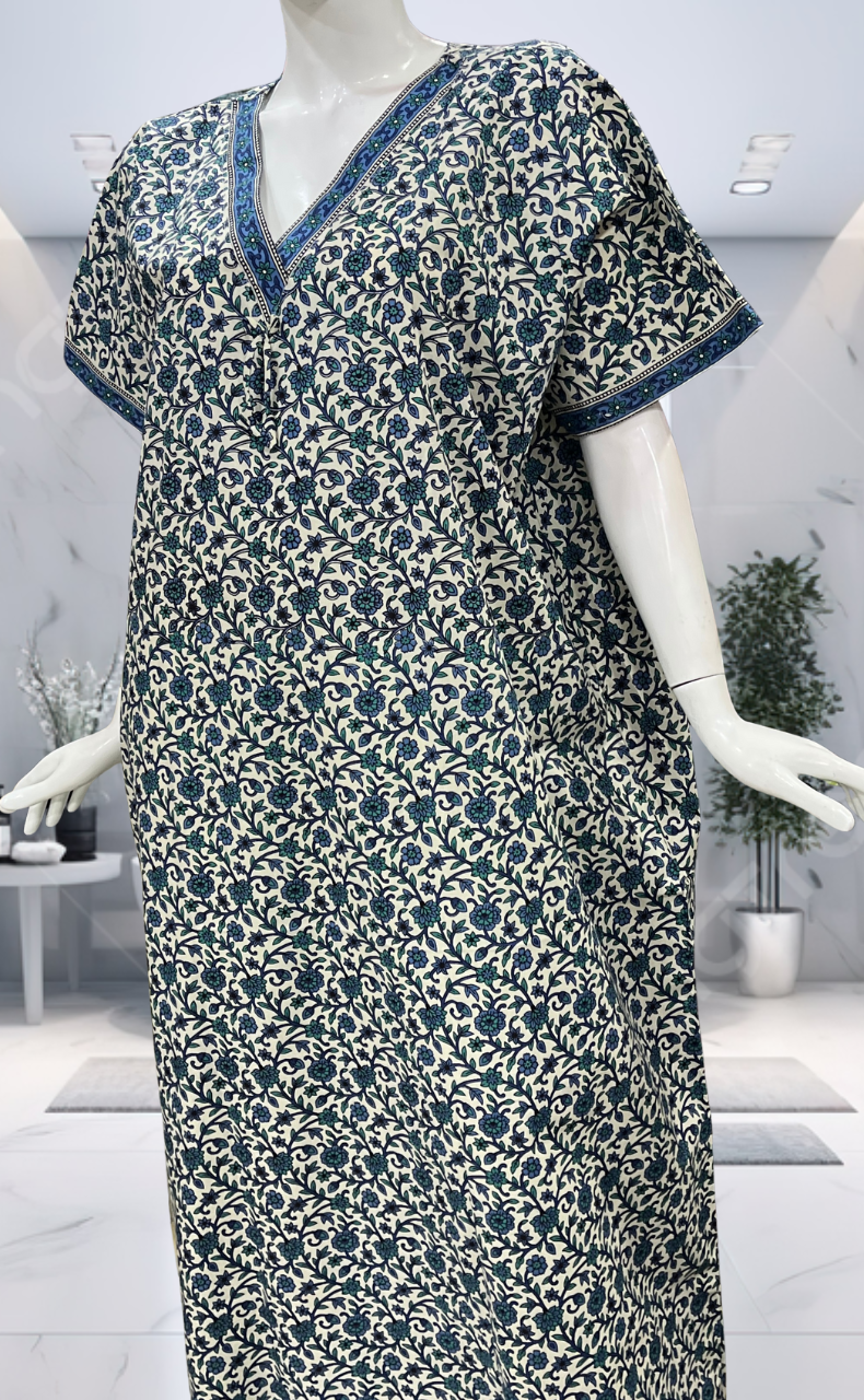 Off White/Blue Garden Pure Cotton Nighty. Pure Durable Cotton | Laces and Frills