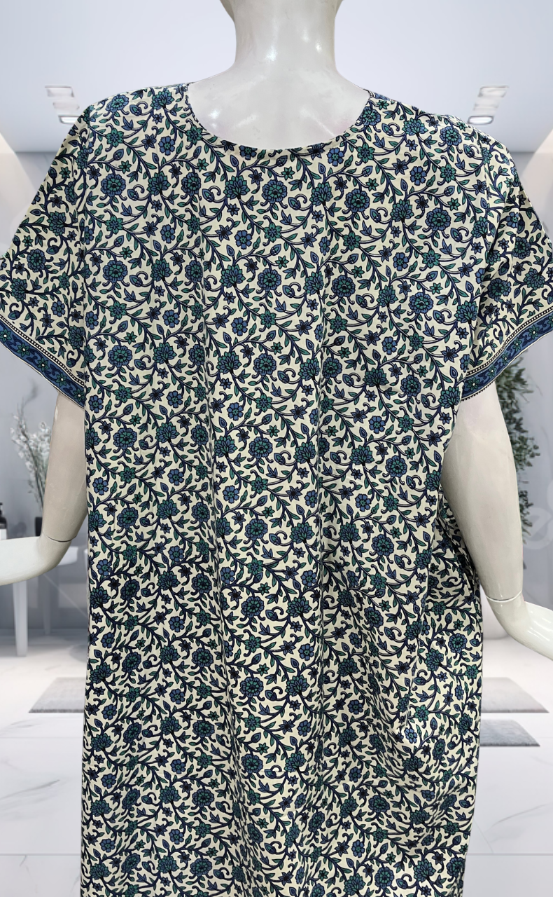 Off White/Blue Garden Pure Cotton Nighty. Pure Durable Cotton | Laces and Frills