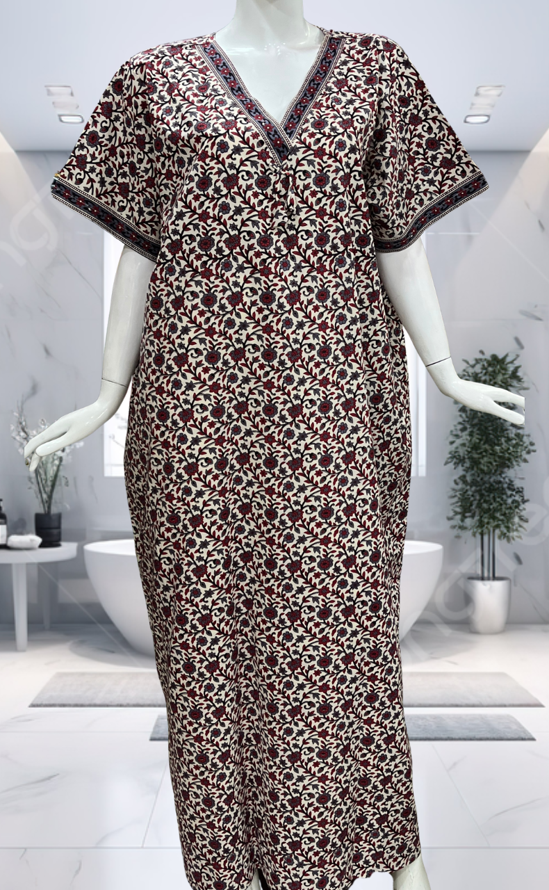 Off White/Black Garden Pure Cotton Nighty. Pure Durable Cotton | Laces and Frills