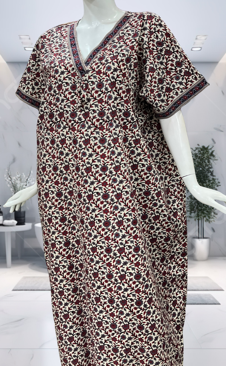 Off White/Black Garden Pure Cotton Nighty. Pure Durable Cotton | Laces and Frills