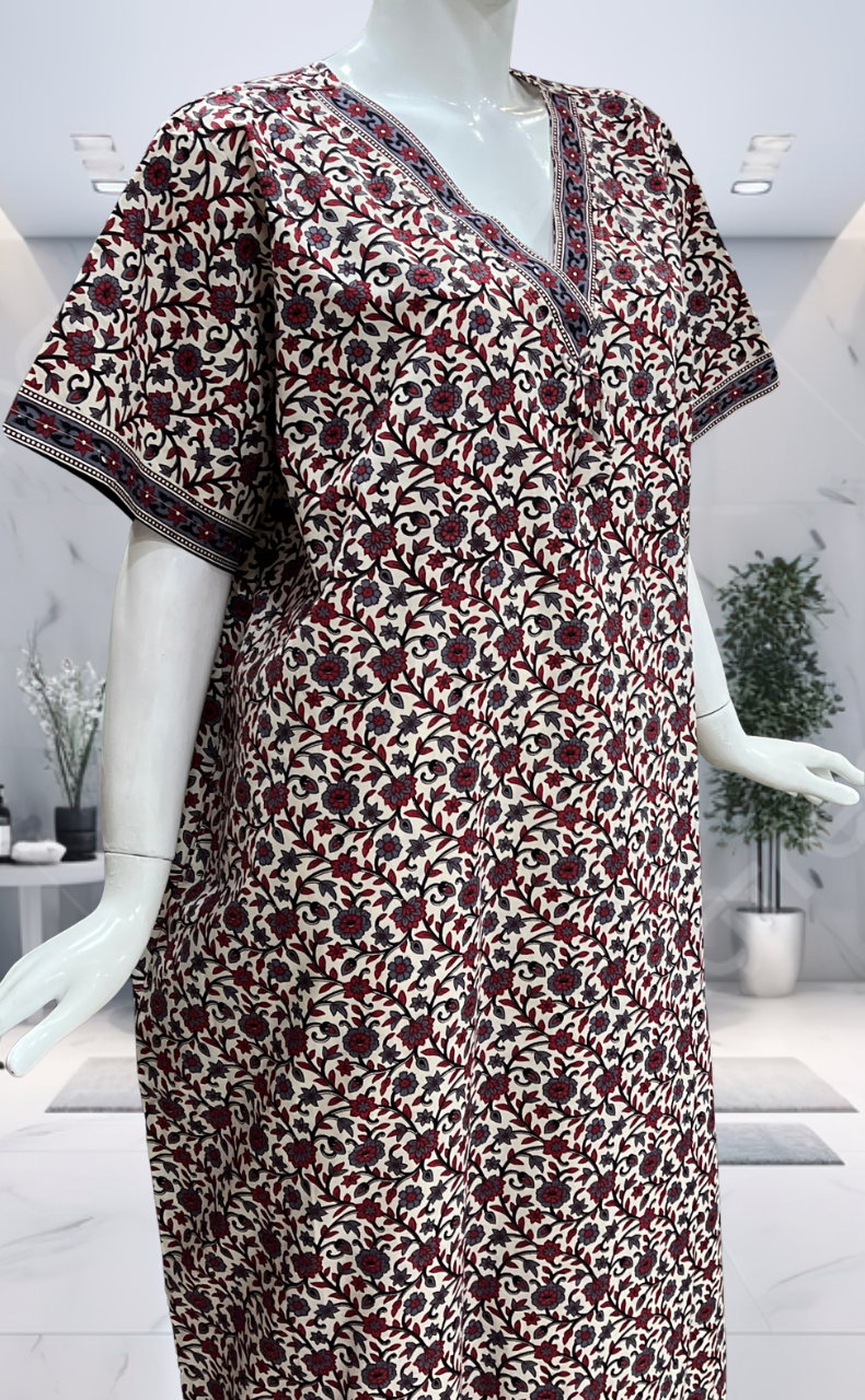 Off White/Black Garden Pure Cotton Nighty. Pure Durable Cotton | Laces and Frills