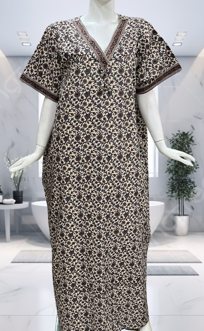 Off White/Maroon Garden Pure Cotton Nighty. Pure Durable Cotton | Laces and Frills