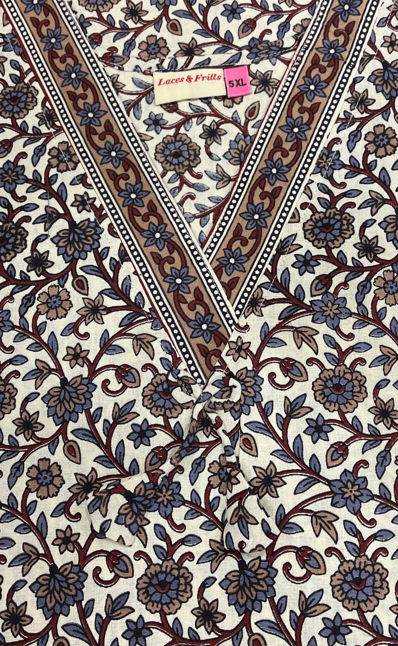 Off White/Maroon Garden Pure Cotton Nighty. Pure Durable Cotton | Laces and Frills
