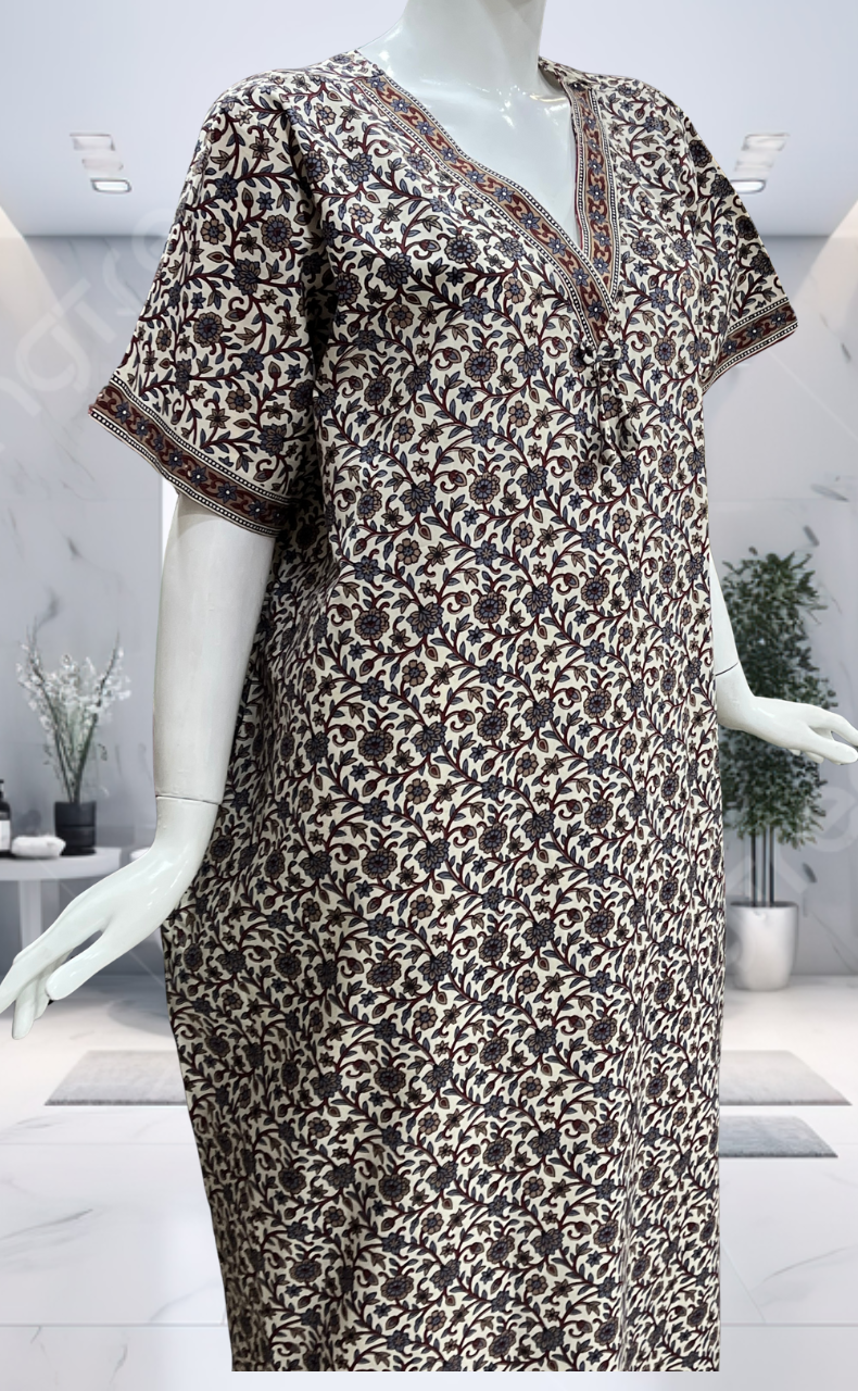 Off White/Maroon Garden Pure Cotton Nighty. Pure Durable Cotton | Laces and Frills