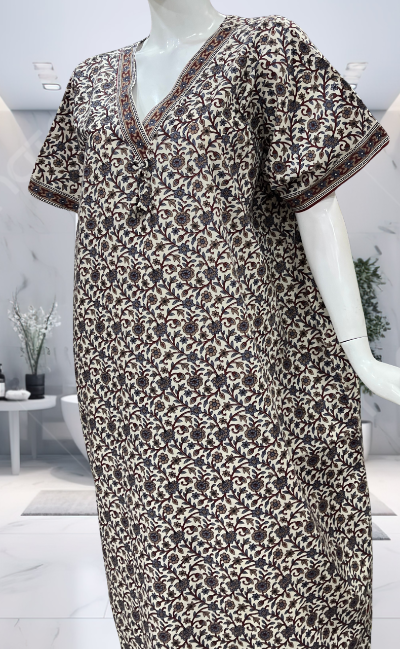 Off White/Maroon Garden Pure Cotton Nighty. Pure Durable Cotton | Laces and Frills