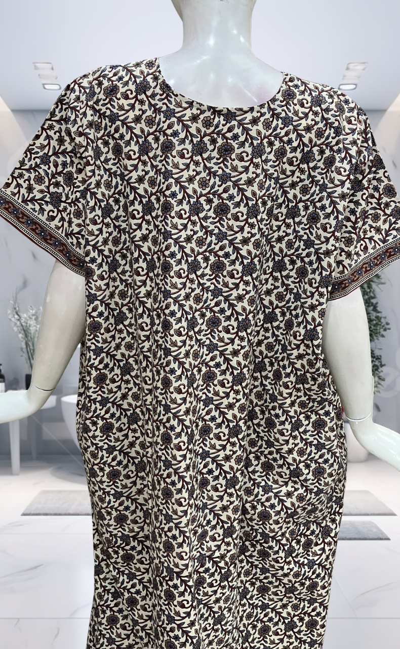 Off White/Maroon Garden Pure Cotton Nighty. Pure Durable Cotton | Laces and Frills