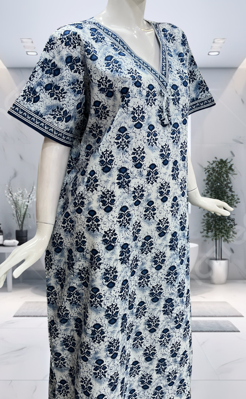 Blue Floral Pure Cotton Nighty. Pure Durable Cotton | Laces and Frills
