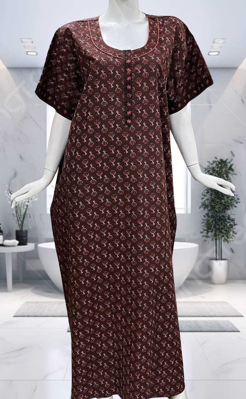 Rust Maroon Tiny Flora Pure Cotton Nighty. Pure Durable Cotton | Laces and Frills