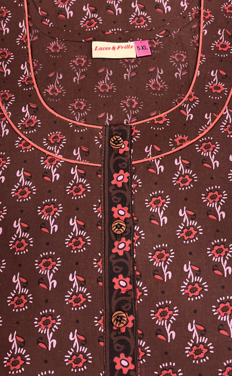 Rust Maroon Tiny Flora Pure Cotton Nighty. Pure Durable Cotton | Laces and Frills