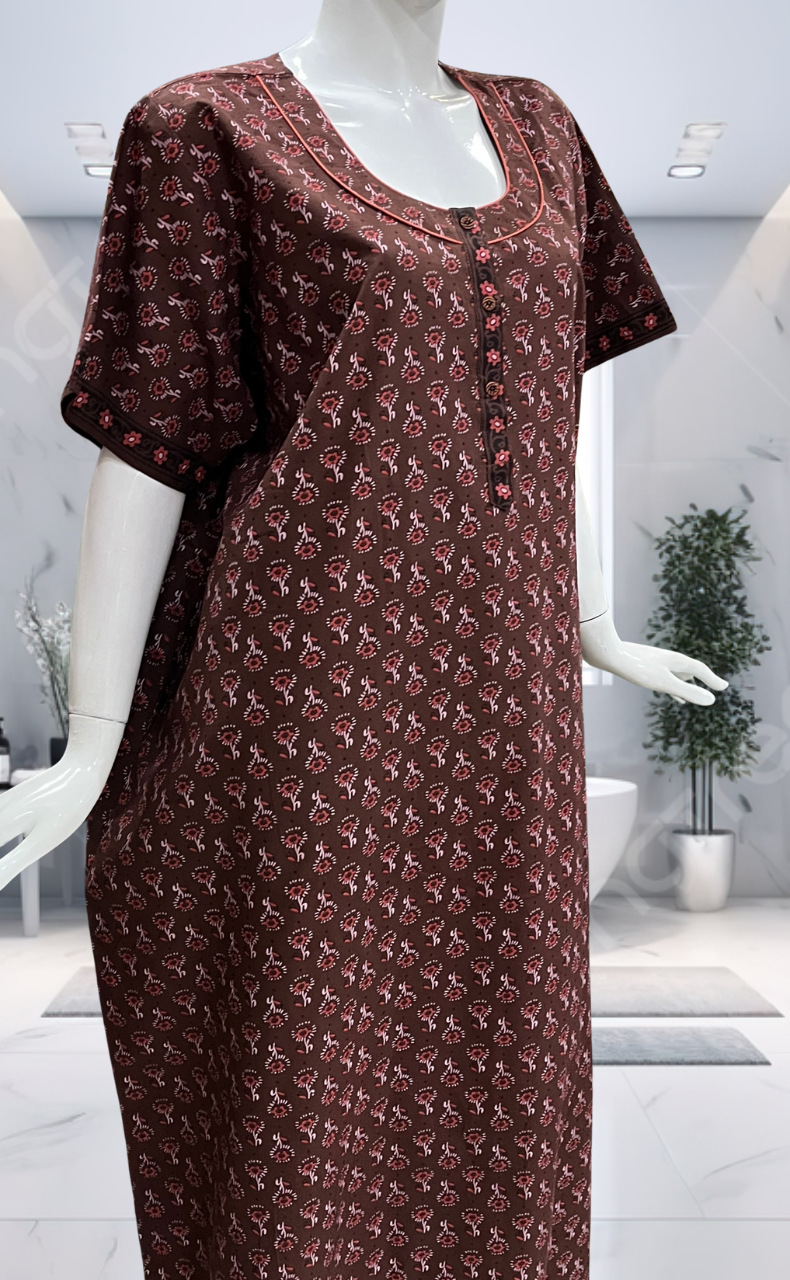 Rust Maroon Tiny Flora Pure Cotton Nighty. Pure Durable Cotton | Laces and Frills