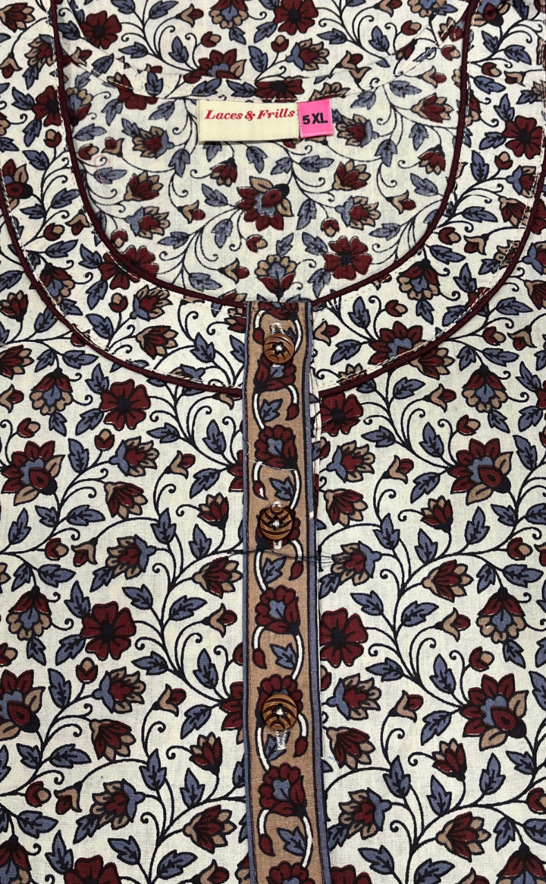 Off White/Maroon Garden Pure Cotton Nighty. Pure Durable Cotton | Laces and Frills