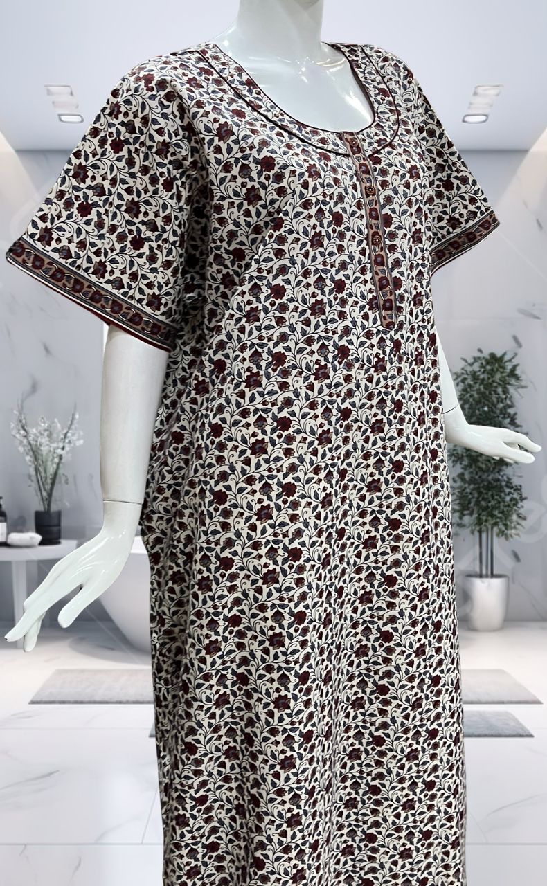 Off White/Maroon Garden Pure Cotton Nighty. Pure Durable Cotton | Laces and Frills