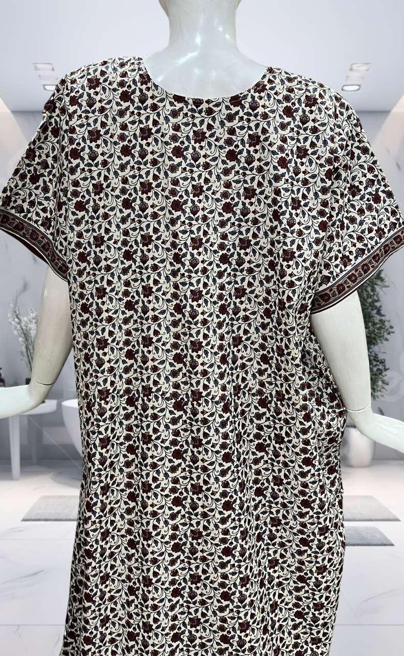 Off White/Maroon Garden Pure Cotton Nighty. Pure Durable Cotton | Laces and Frills