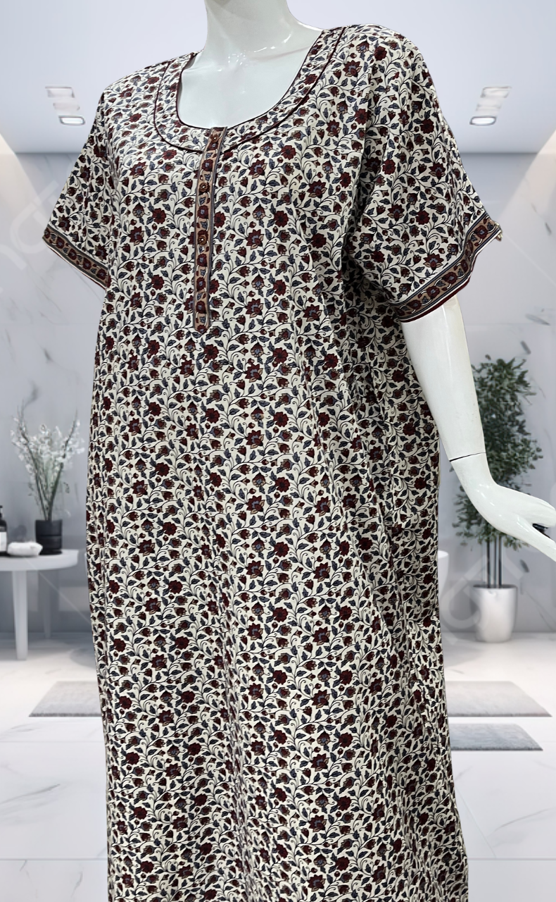 Off White/Maroon Garden Pure Cotton Nighty. Pure Durable Cotton | Laces and Frills