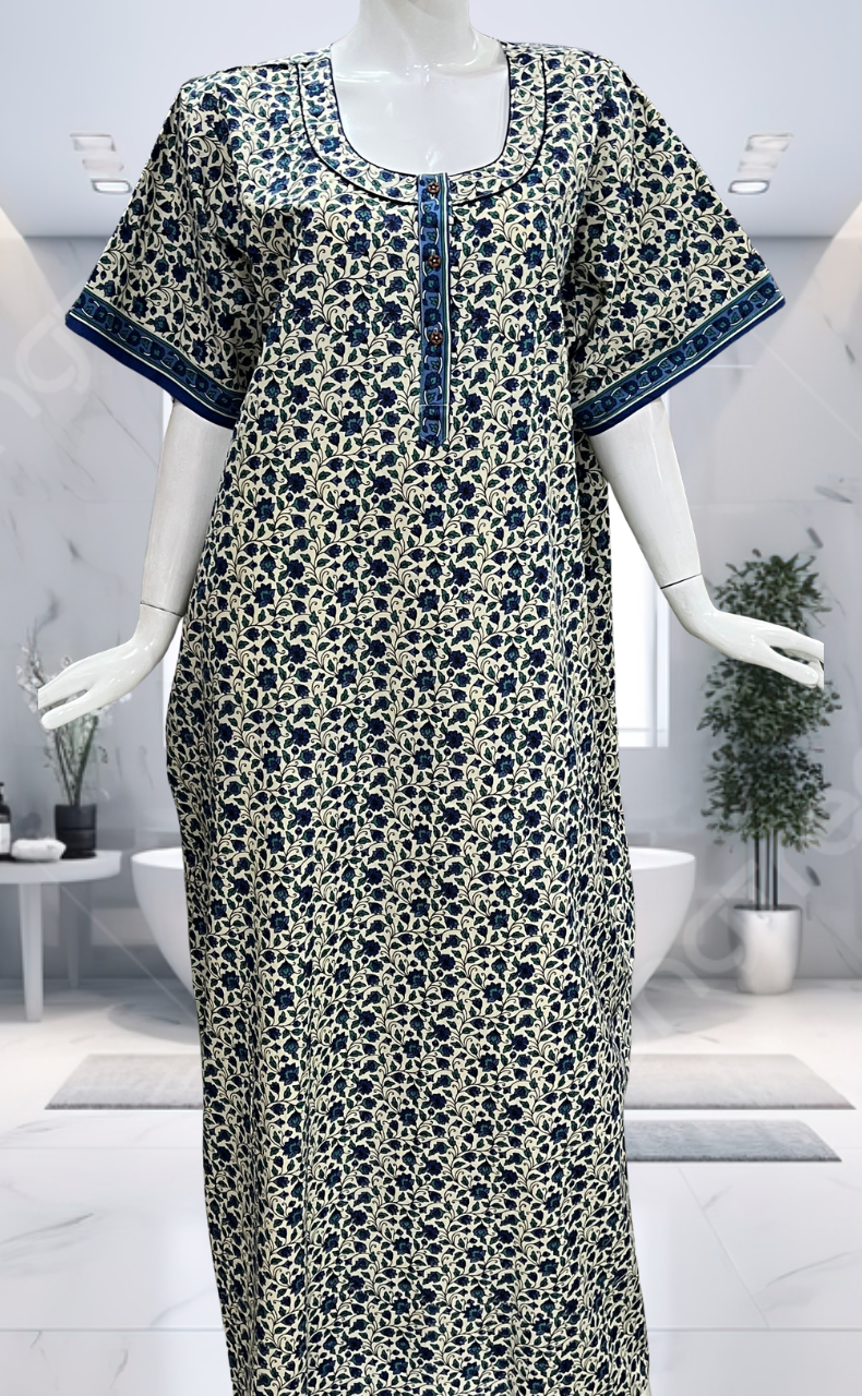 Off White/Blue Garden Pure Cotton Nighty. Pure Durable Cotton | Laces and Frills