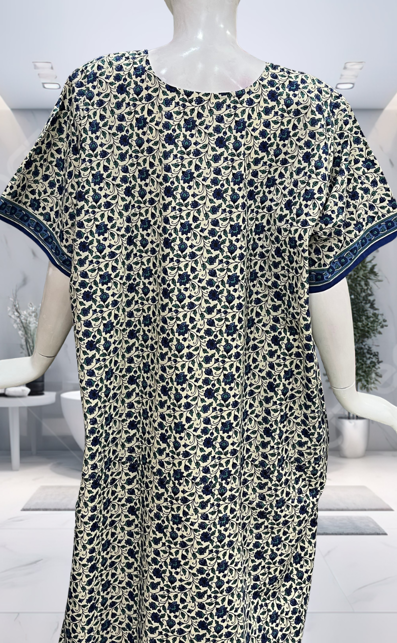 Off White/Blue Garden Pure Cotton Nighty. Pure Durable Cotton | Laces and Frills