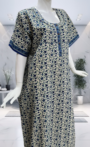 Off White/Blue Garden Pure Cotton Nighty. Pure Durable Cotton | Laces and Frills