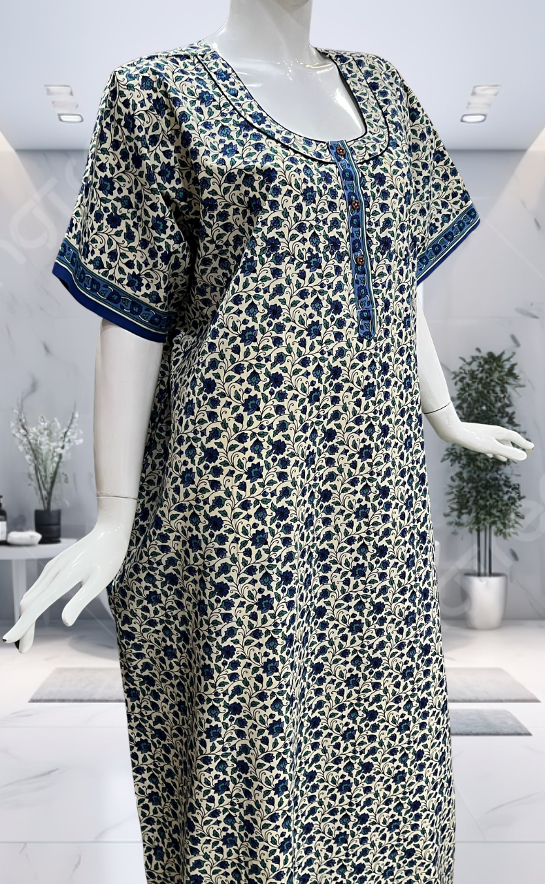 Off White/Blue Garden Pure Cotton Nighty. Pure Durable Cotton | Laces and Frills