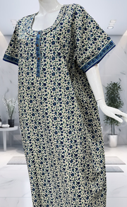 Off White/Blue Garden Pure Cotton Nighty. Pure Durable Cotton | Laces and Frills