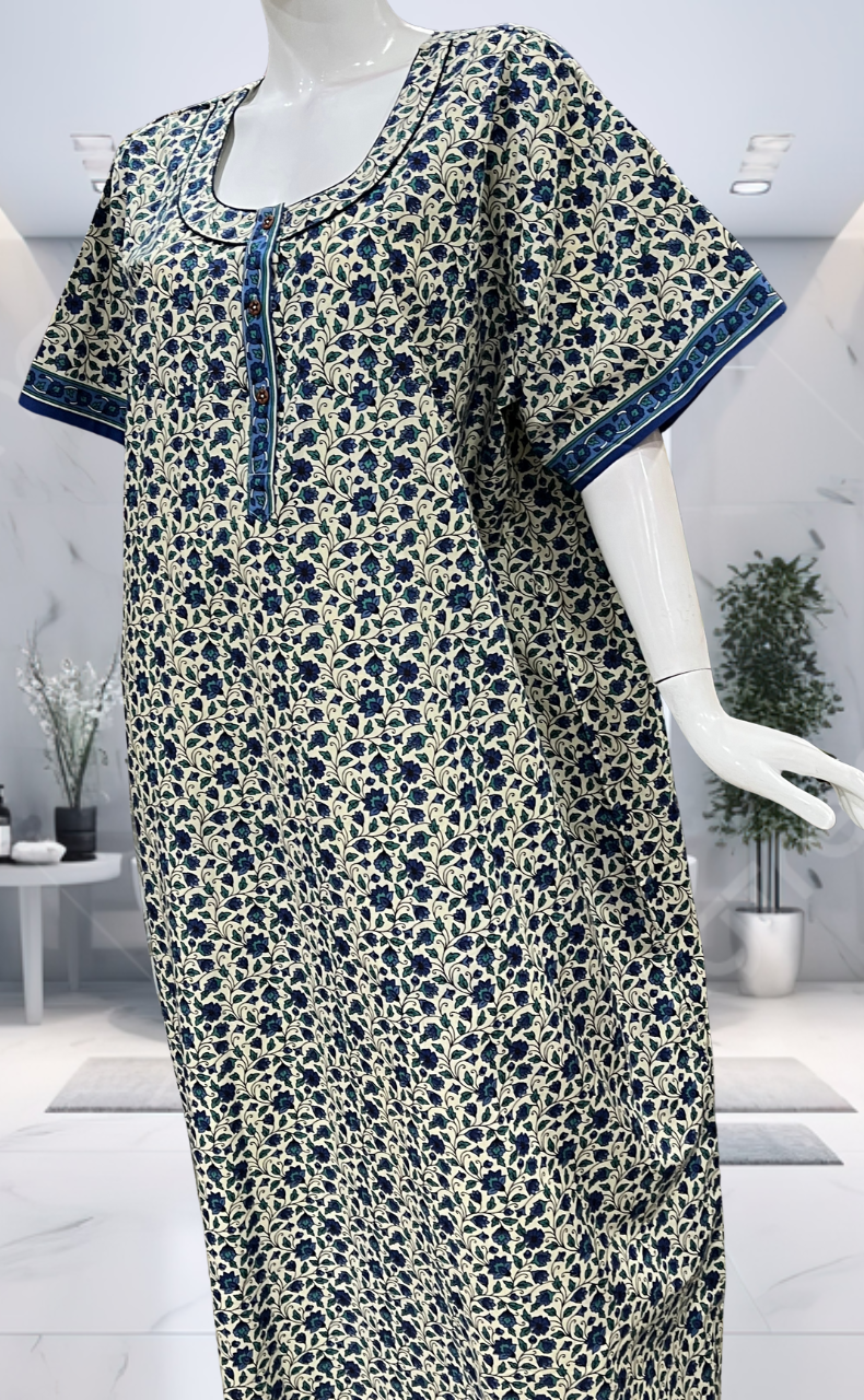 Off White/Blue Garden Pure Cotton Nighty. Pure Durable Cotton | Laces and Frills