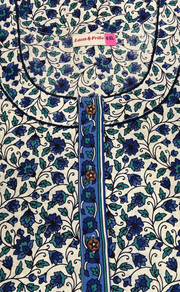 Off White/Blue Garden Pure Cotton Nighty. Pure Durable Cotton | Laces and Frills