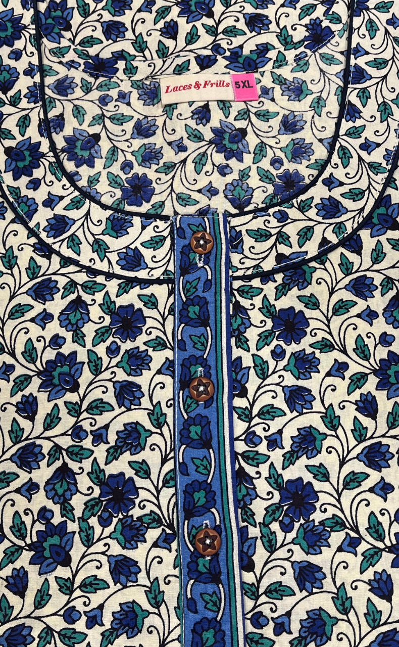 Off White/Blue Garden Pure Cotton Nighty. Pure Durable Cotton | Laces and Frills