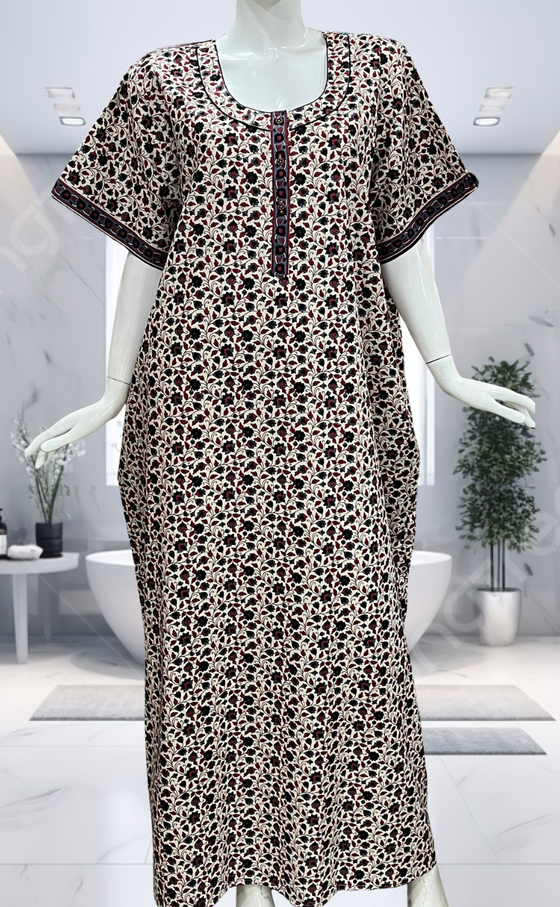 Off White/Black Garden Pure Cotton Nighty. Pure Durable Cotton | Laces and Frills