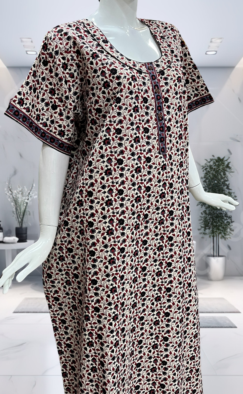 Off White/Black Garden Pure Cotton Nighty. Pure Durable Cotton | Laces and Frills