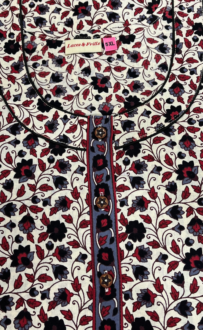 Off White/Black Garden Pure Cotton Nighty. Pure Durable Cotton | Laces and Frills