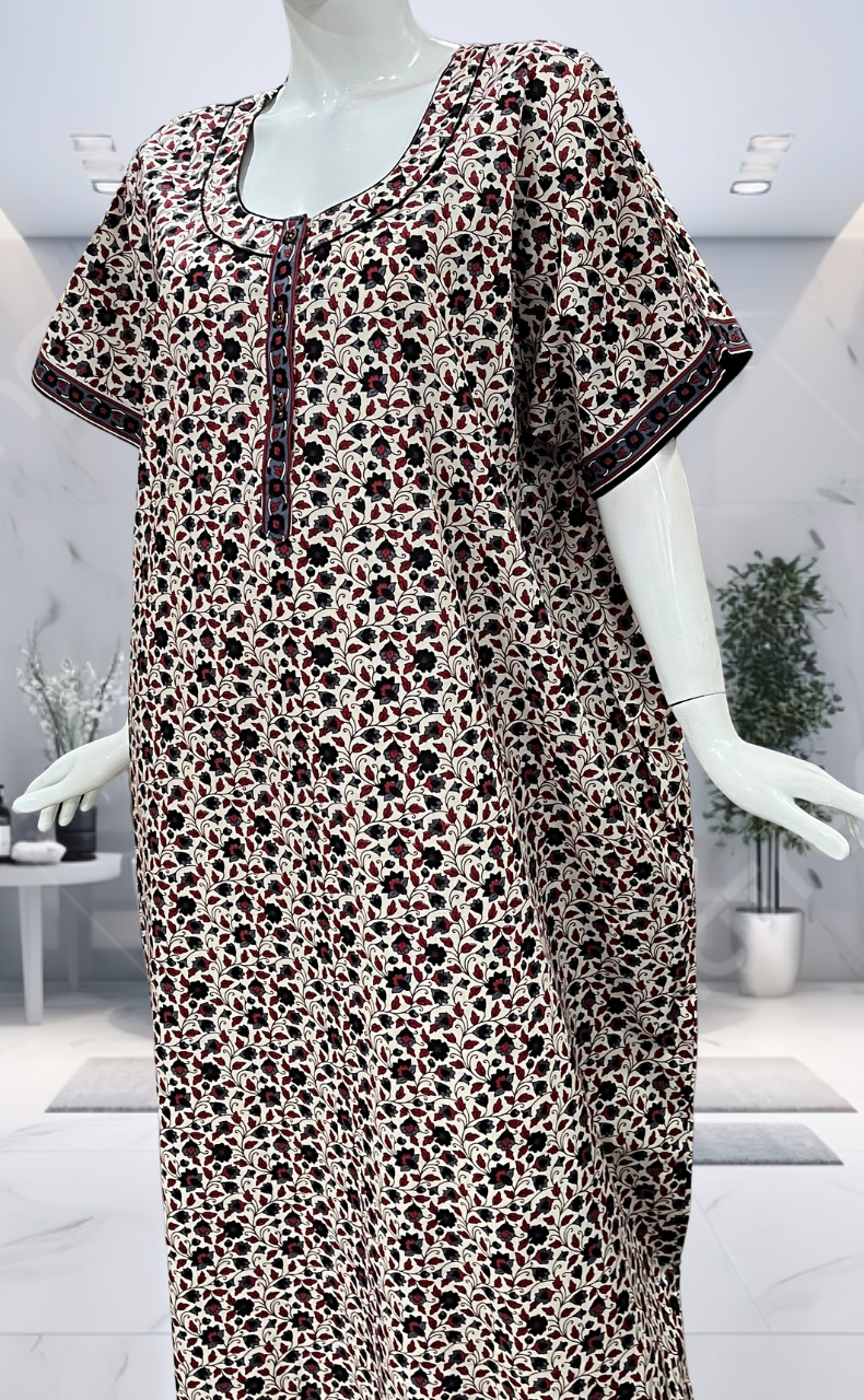 Off White/Black Garden Pure Cotton Nighty. Pure Durable Cotton | Laces and Frills