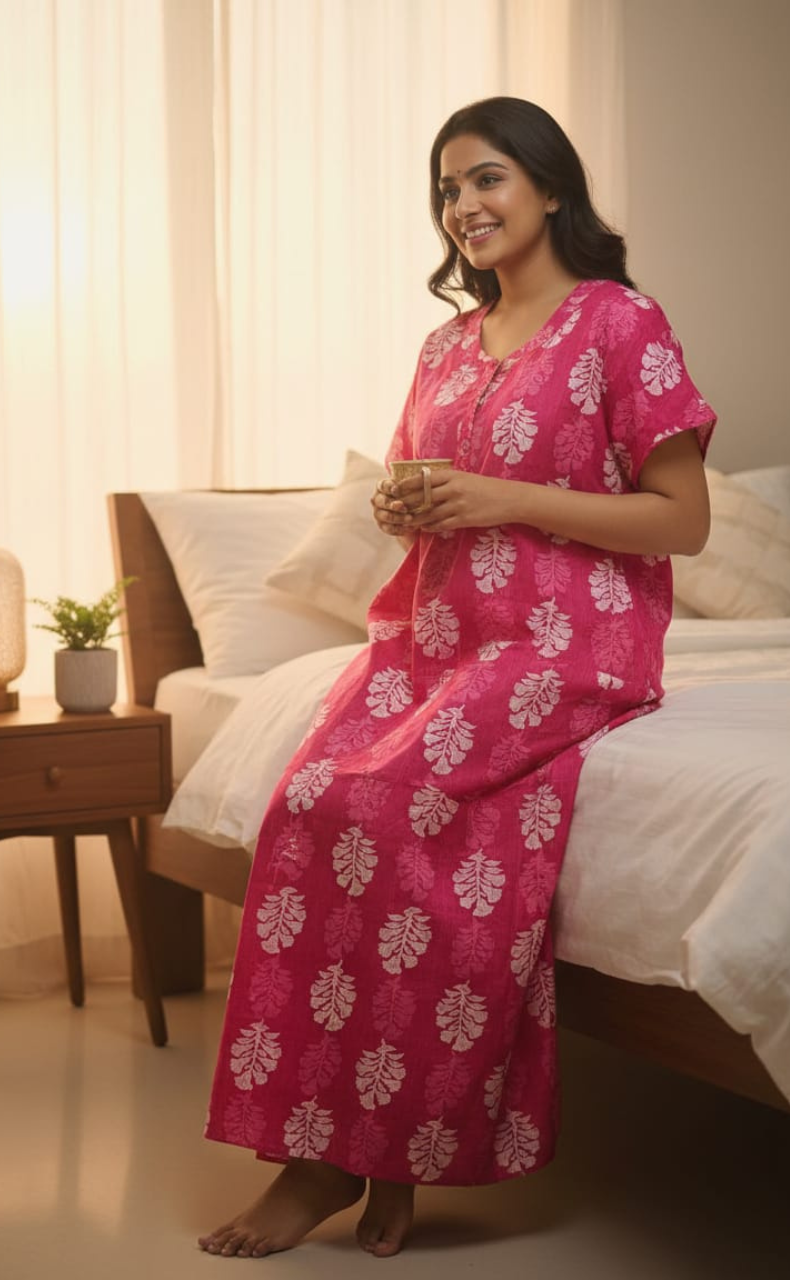 Pink Floral Pure Cotton Nighty. Pure Durable Cotton | Laces and Frills