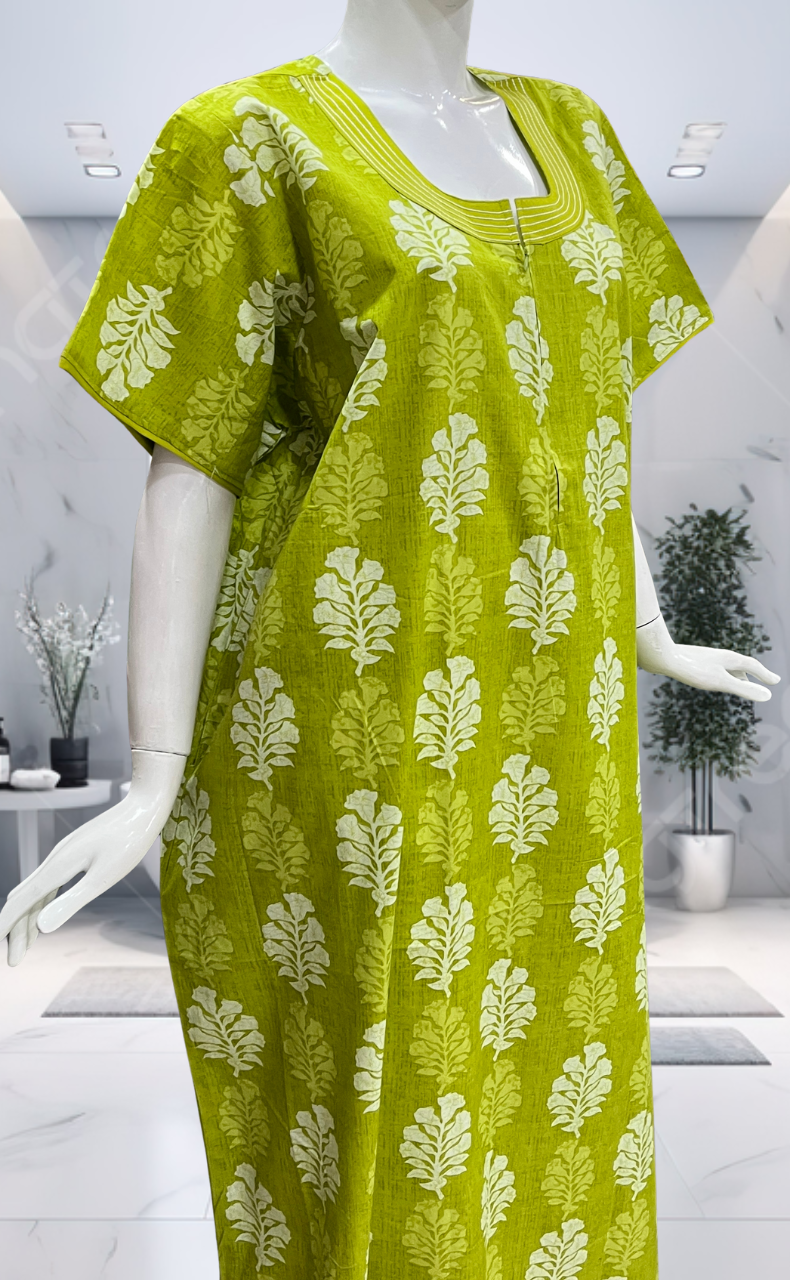 Lime Green Floral Pure Cotton Nighty. Pure Durable Cotton | Laces and Frills